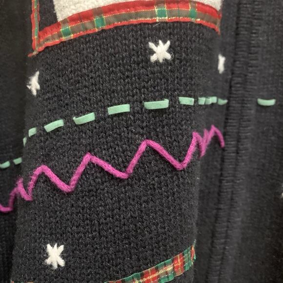 Vintage Studio Joy Snowman Christmas Sweater Jacket 1X Black Faux Fur Collar - Picture 7 of 9